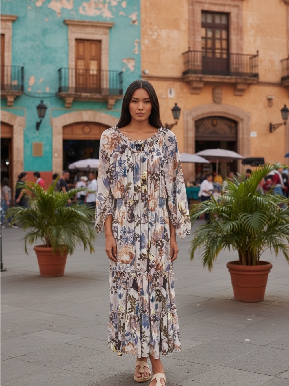 Bohemian Floral Tiered Maxi Dress in Multi-Color